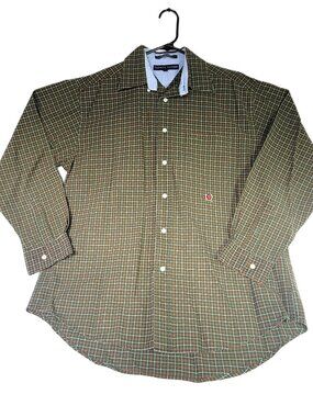 Tommy Hilfiger Men's Medium M Forest Green Grid Check 100% Cotton Button Down